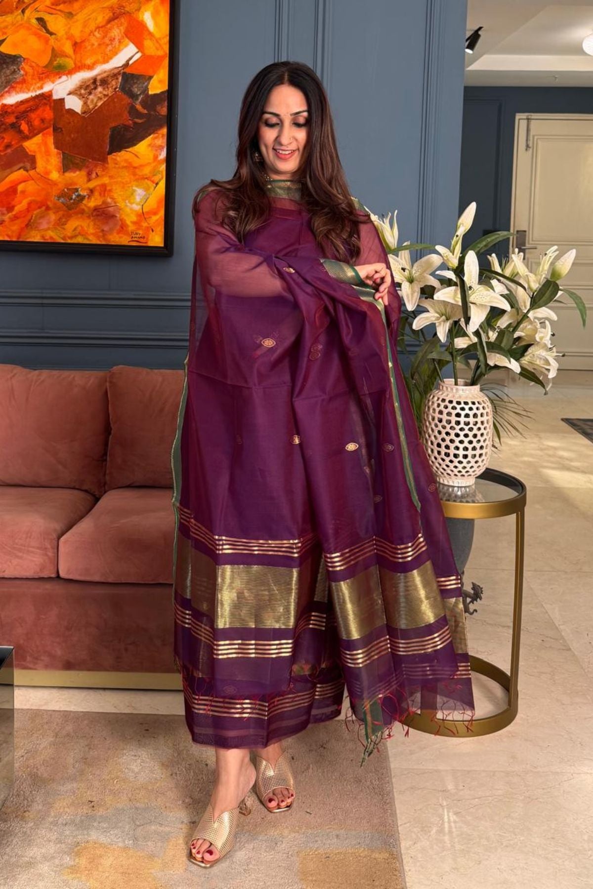 Handwoven Maheshwari silk kurta dupatta set